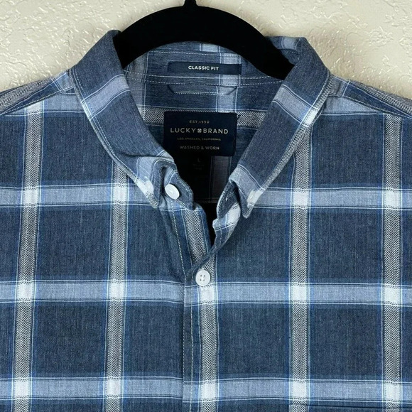 Lucky Brand Button Up Shirt Men's Sz L Classic Fit Worn Washed Long Sleeve Blue - Picture 4 of 9